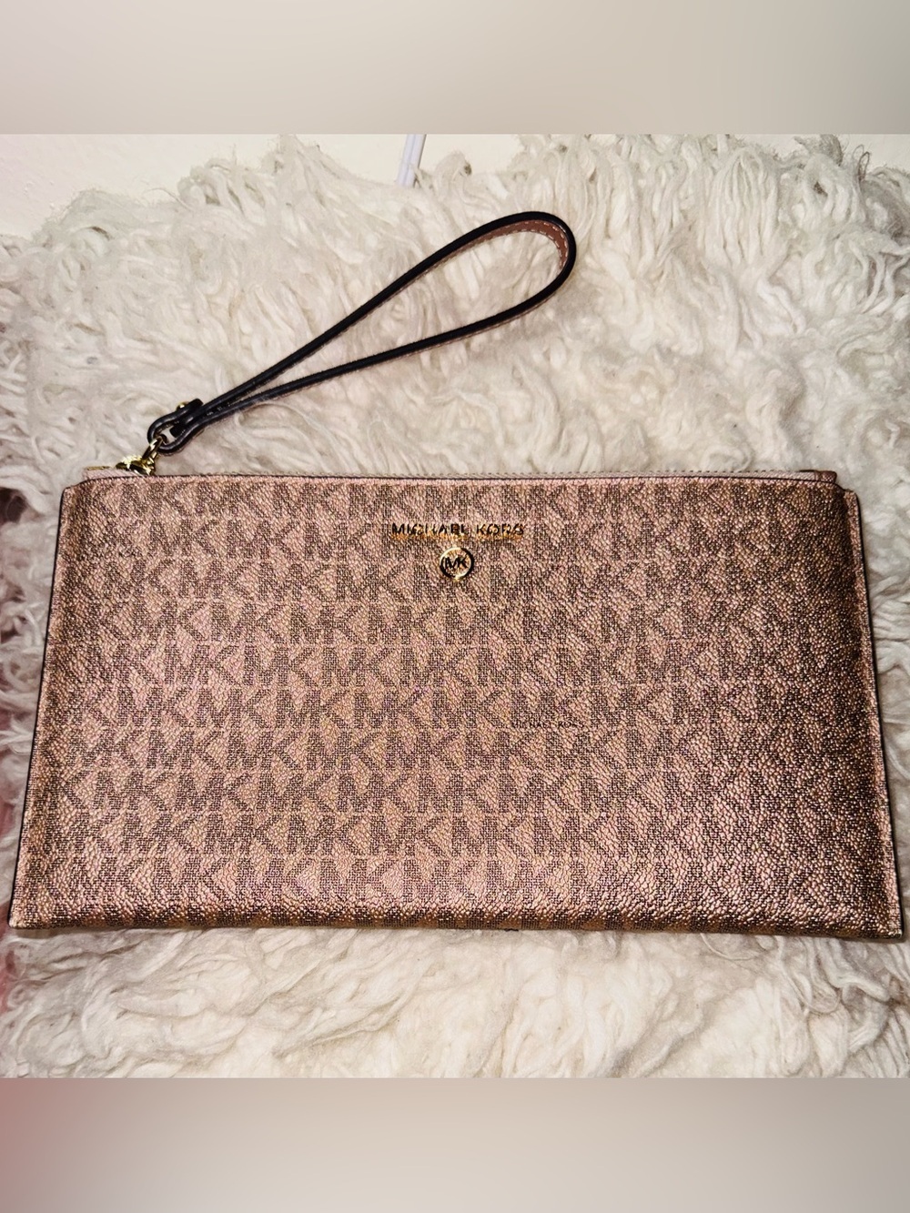 Authentic Michael Kors Metallic Rose Gold MK Wristlet Clutch
